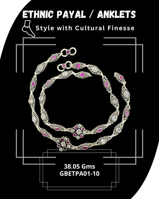 Ethnic Payal Anklets | GemStone Studded | GBETPA01 | Silver Anklets Payal - Glambug 925 Silver Jewellery