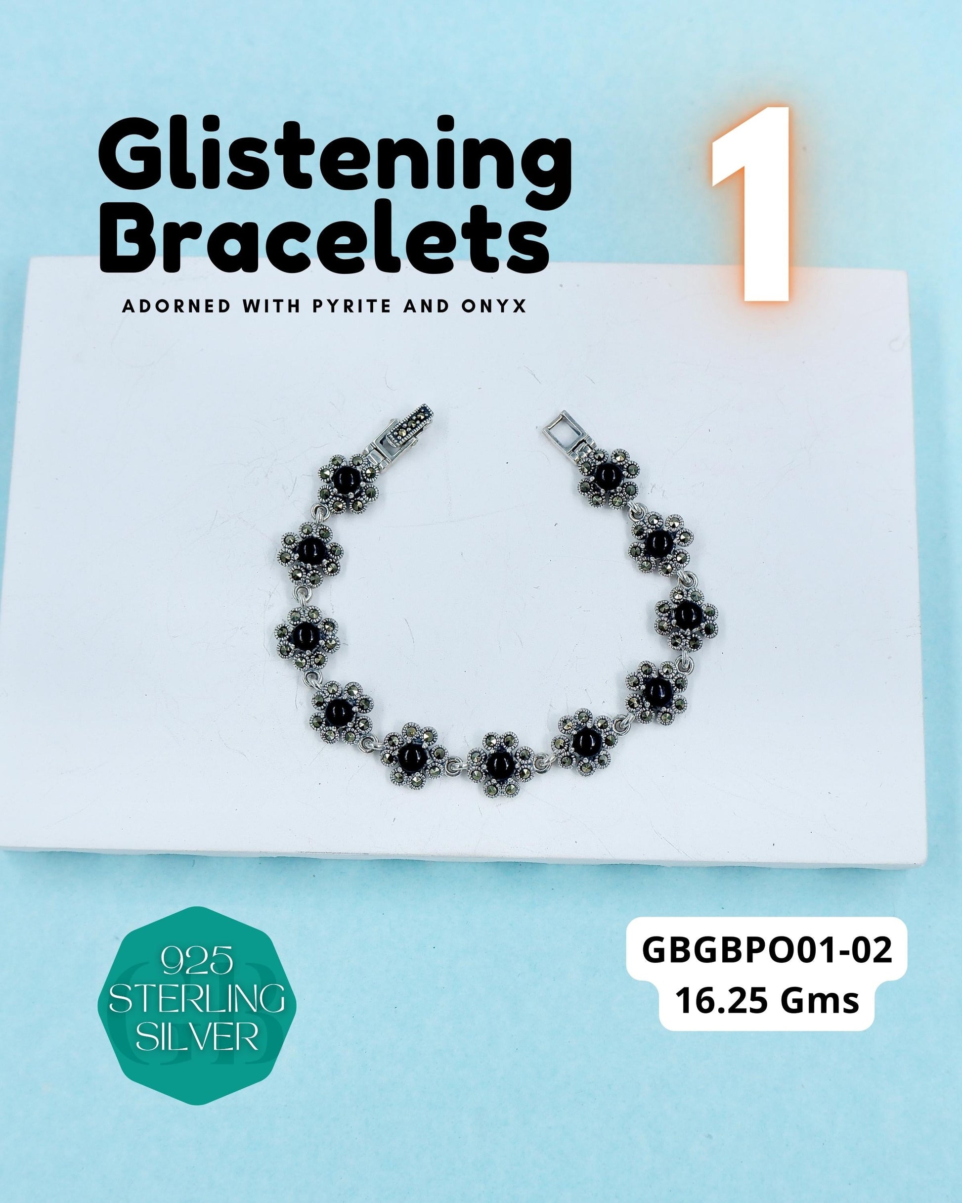 Glistering Bracelets | Marcasite Pyrite & Onyx | GBGBPO01 | Silver Bracelet Jewelry - Glambug 925 Silver Jewellery