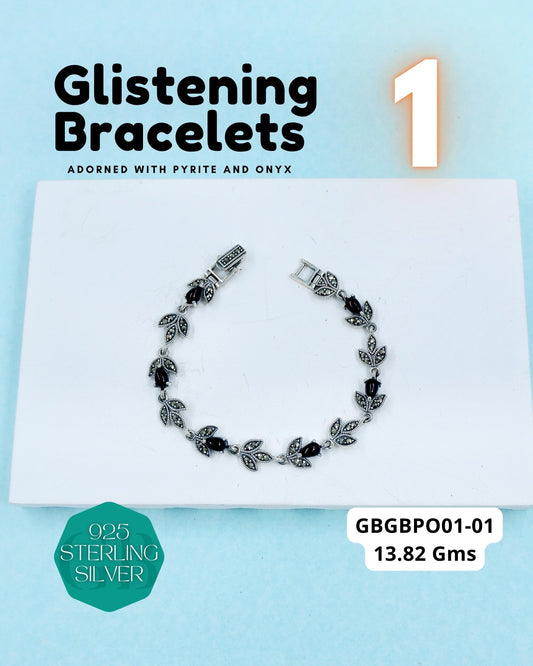 Glistering Bracelets | Marcasite Pyrite & Onyx | GBGBPO01 | Silver Bracelet Jewelry - Glambug 925 Silver Jewellery