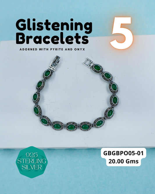 Glistering Bracelets | Marcasite Pyrite & Onyx | GBGBPO05 | Silver Bracelet Jewelry - Glambug 925 Silver Jewellery